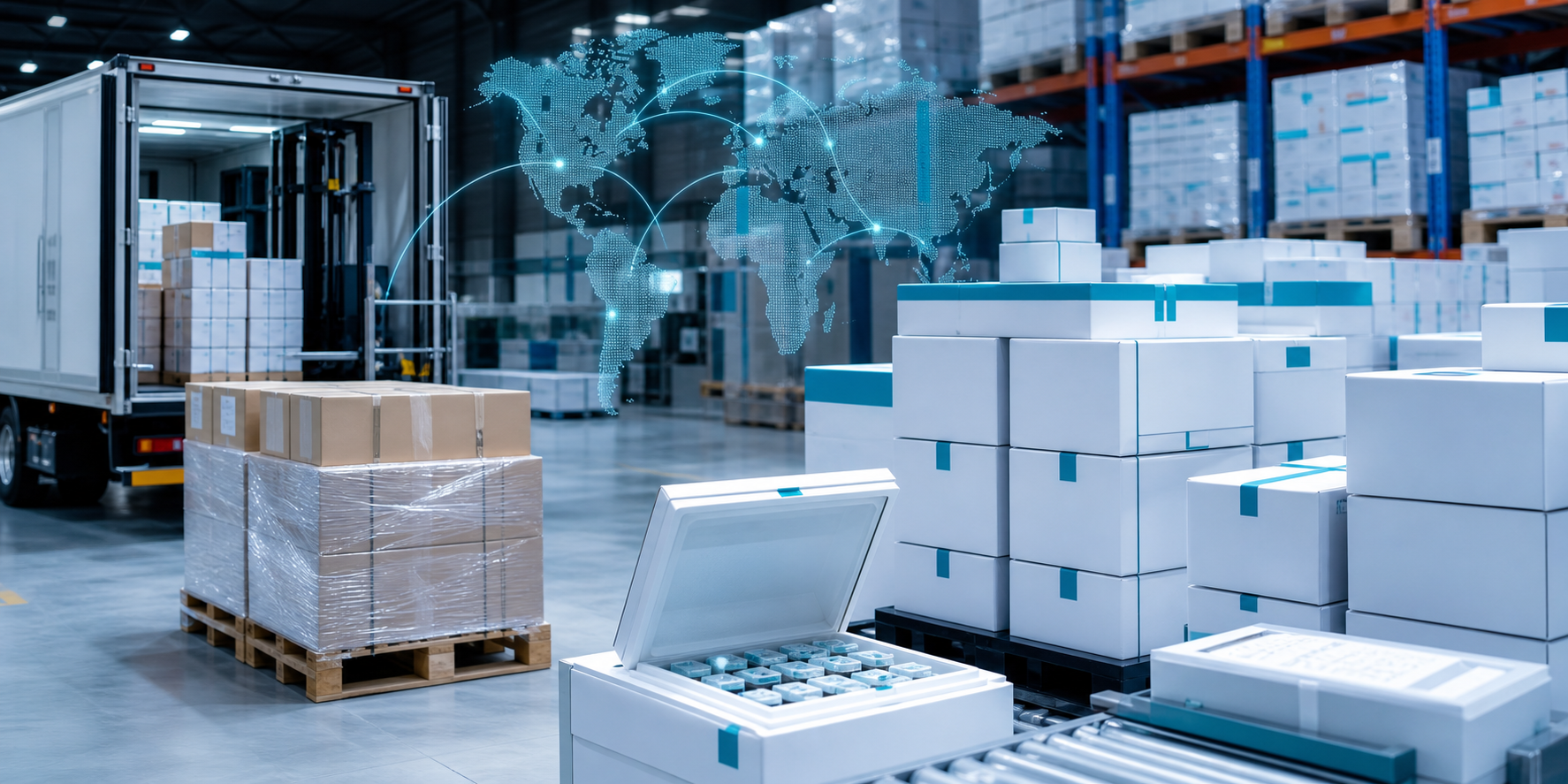 Unbranded pharmaceutical shipping cartons and cold-chain logistics in a clean warehouse