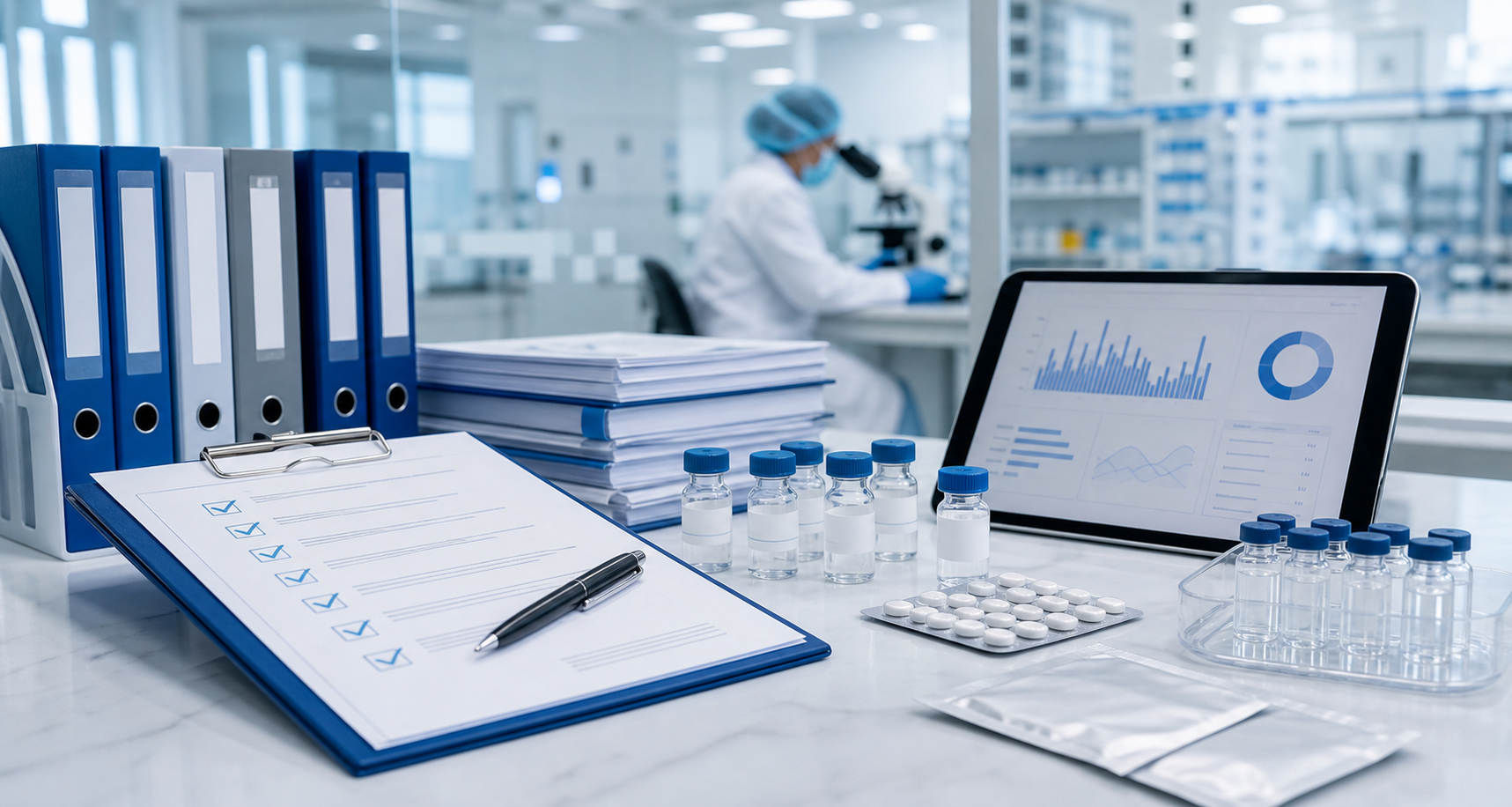 Quality documentation, sample vials, and pharmaceutical records in a clean laboratory office